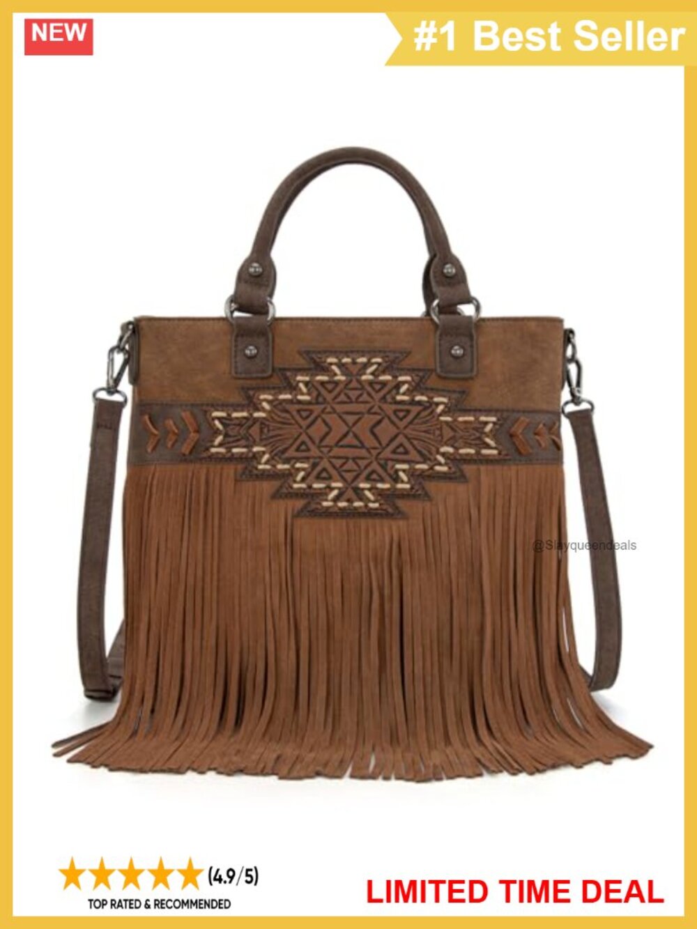 Genuine Leather Tooled Fringe Crossbody Tote Satchel Western Purse